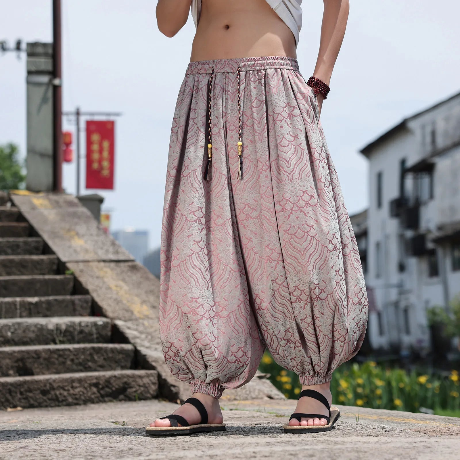 Geometric Chinese Pattern Wide-Leg Jogger Pants