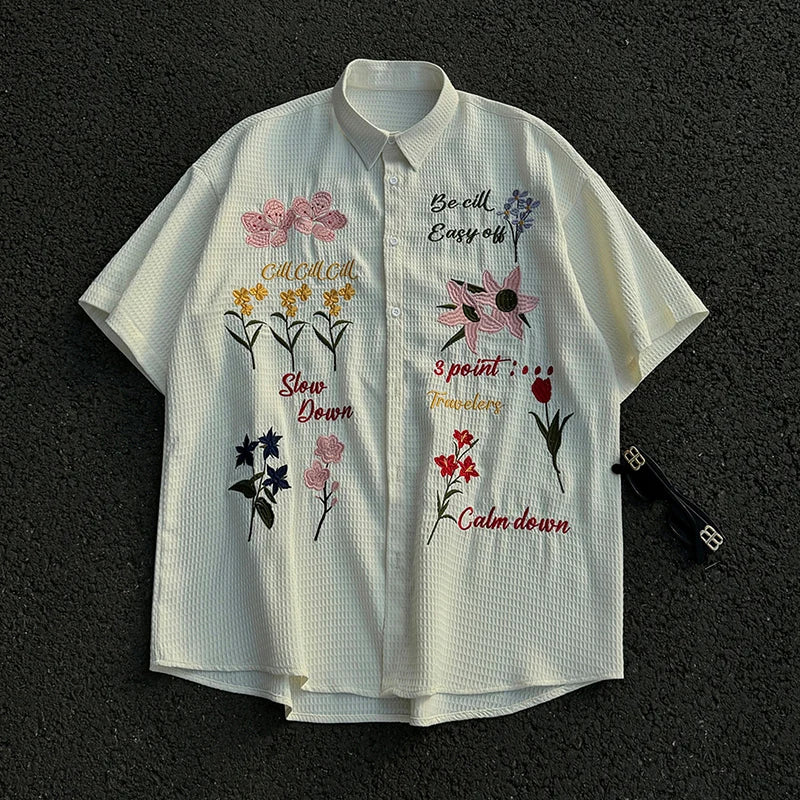 Colorful Floral Embroidery Short Sleeved Shirt