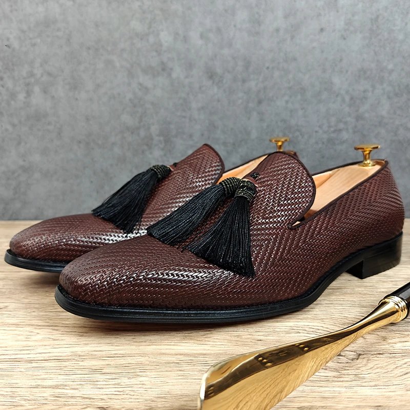 Tassels Woven Brown Leather Loafers