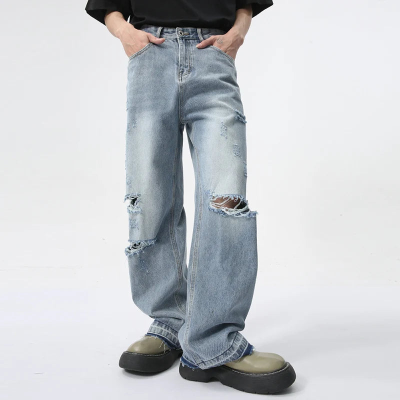 Light Blue Worn-out Hole Design Men's Jeans