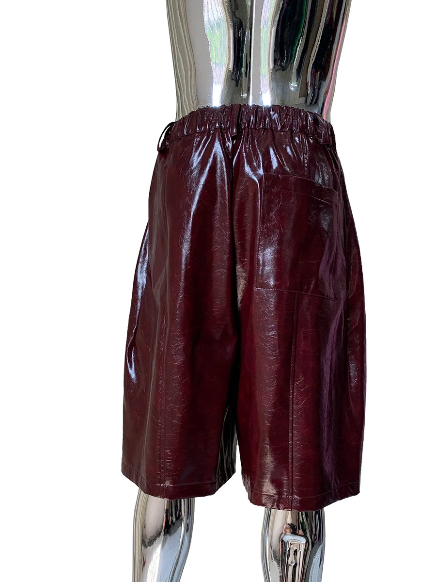 Shiny Burgundy Leather Straight Shorts