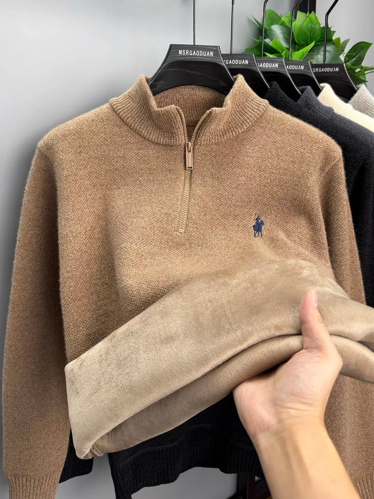 Solid Embroidery Half Zip Stand Collar Sweater