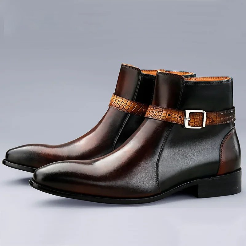 Brown Black Crocs Buckle Strap Leather Boots