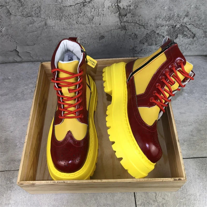 Yellow Color Block Brogue Ankle Boots