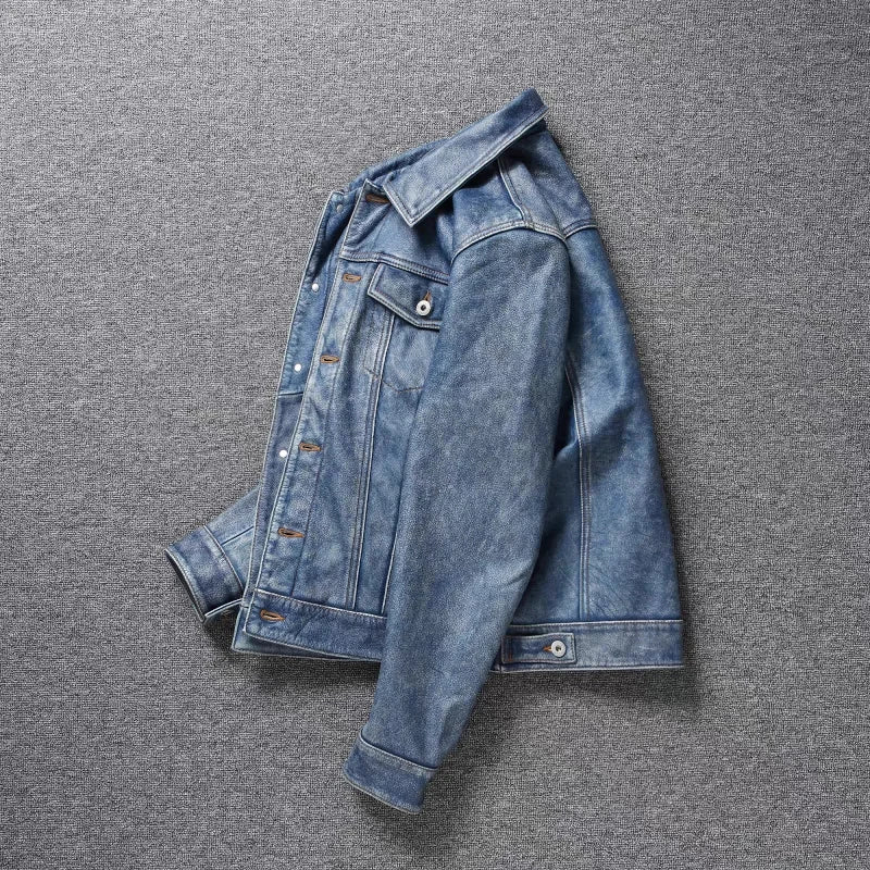 Light Blue Washed Denim Leather Jacket