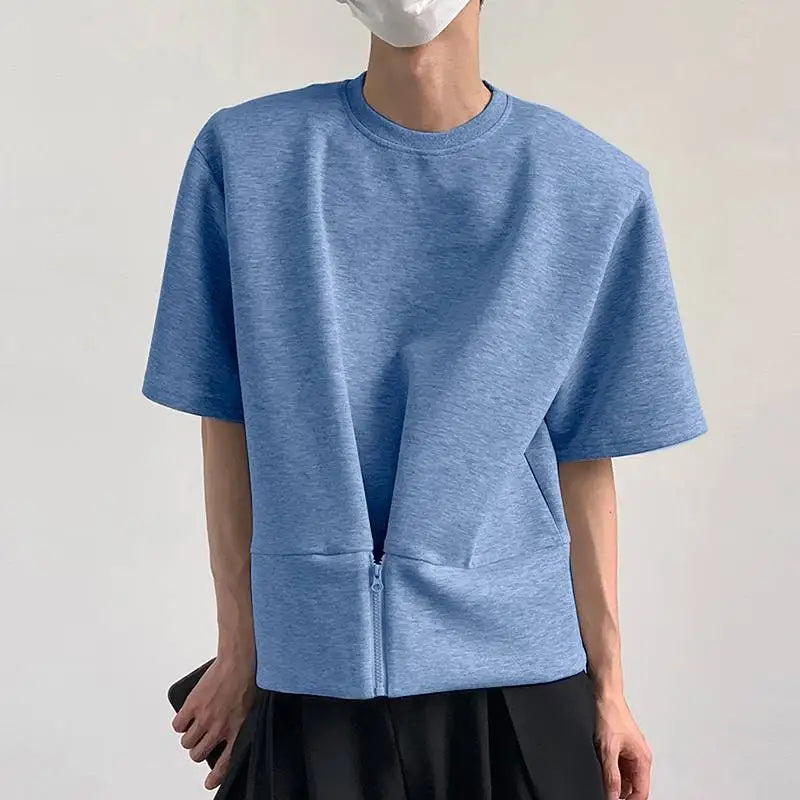 Irregular Solid O-Neck Zipper T-Shirt