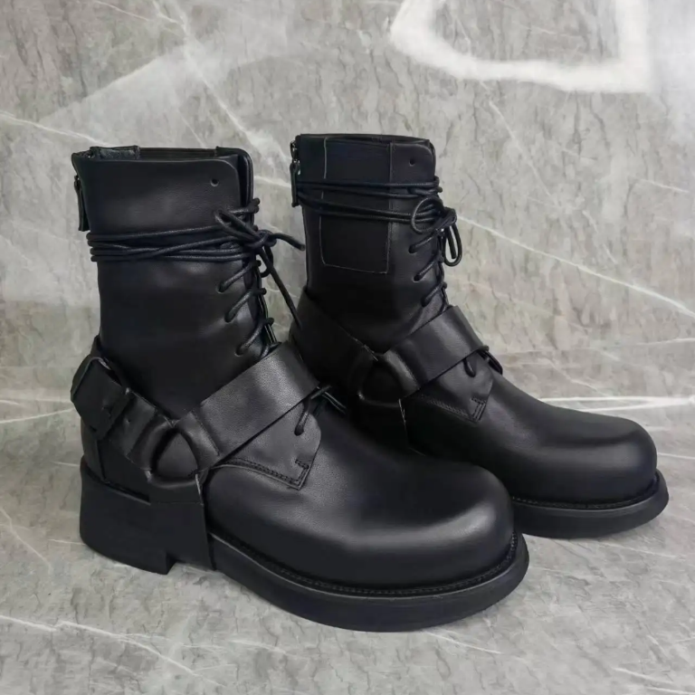 Black Leather Strap Buckle Lace-Up Boots