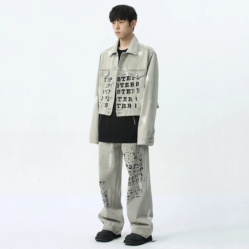 Letter Printing Denim Jacket Pants Set