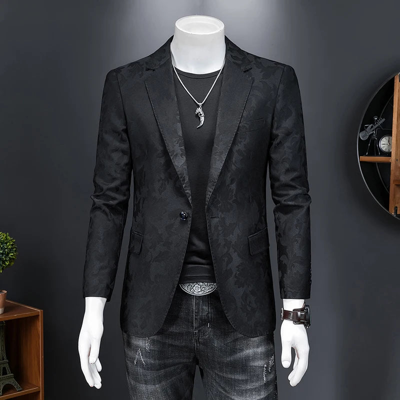 Floral Jacquard Slim-Fit Casual Blazer