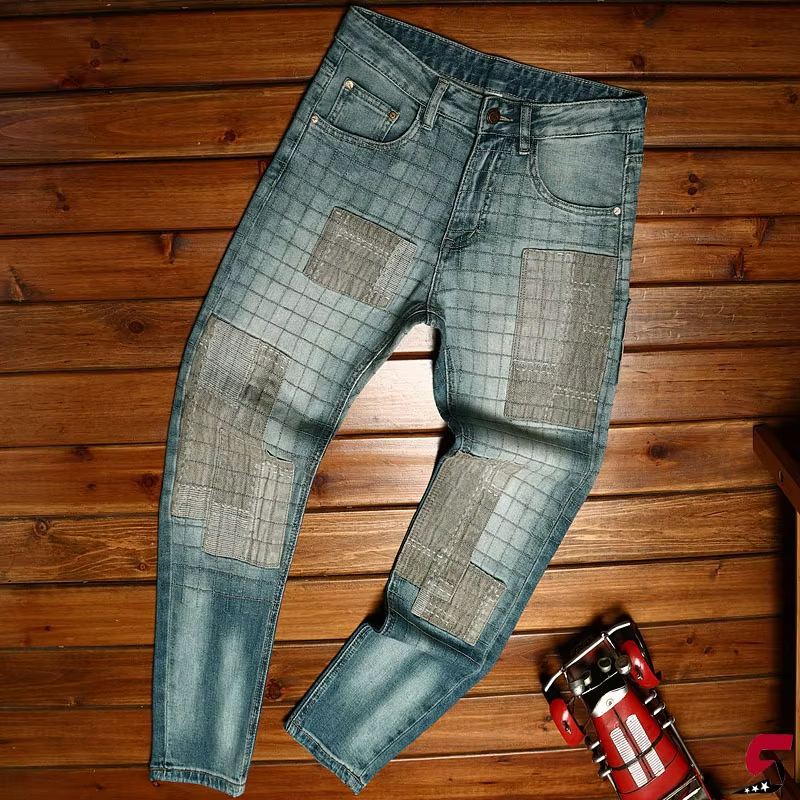 Grid Pattern Patchwork Straight Men's Jeans