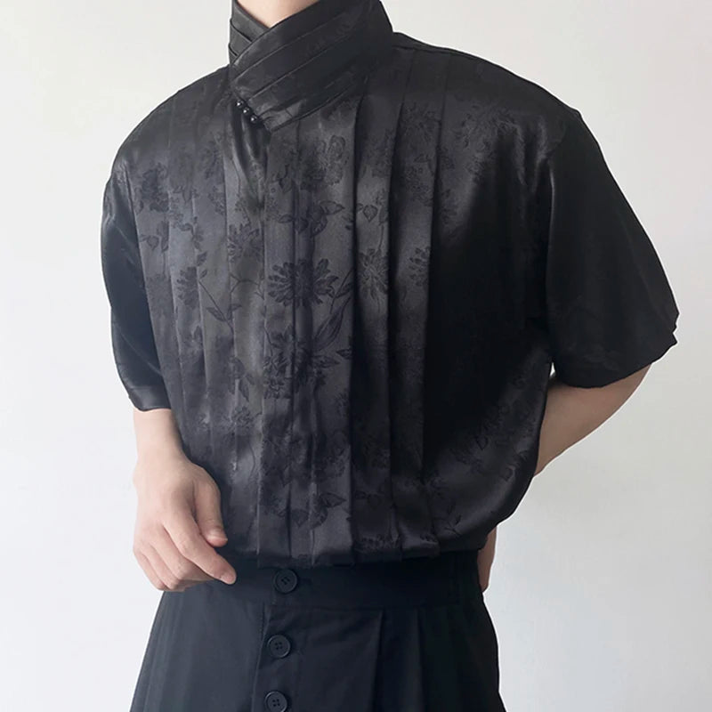 Pleated Flowers Stand Collar Shirt