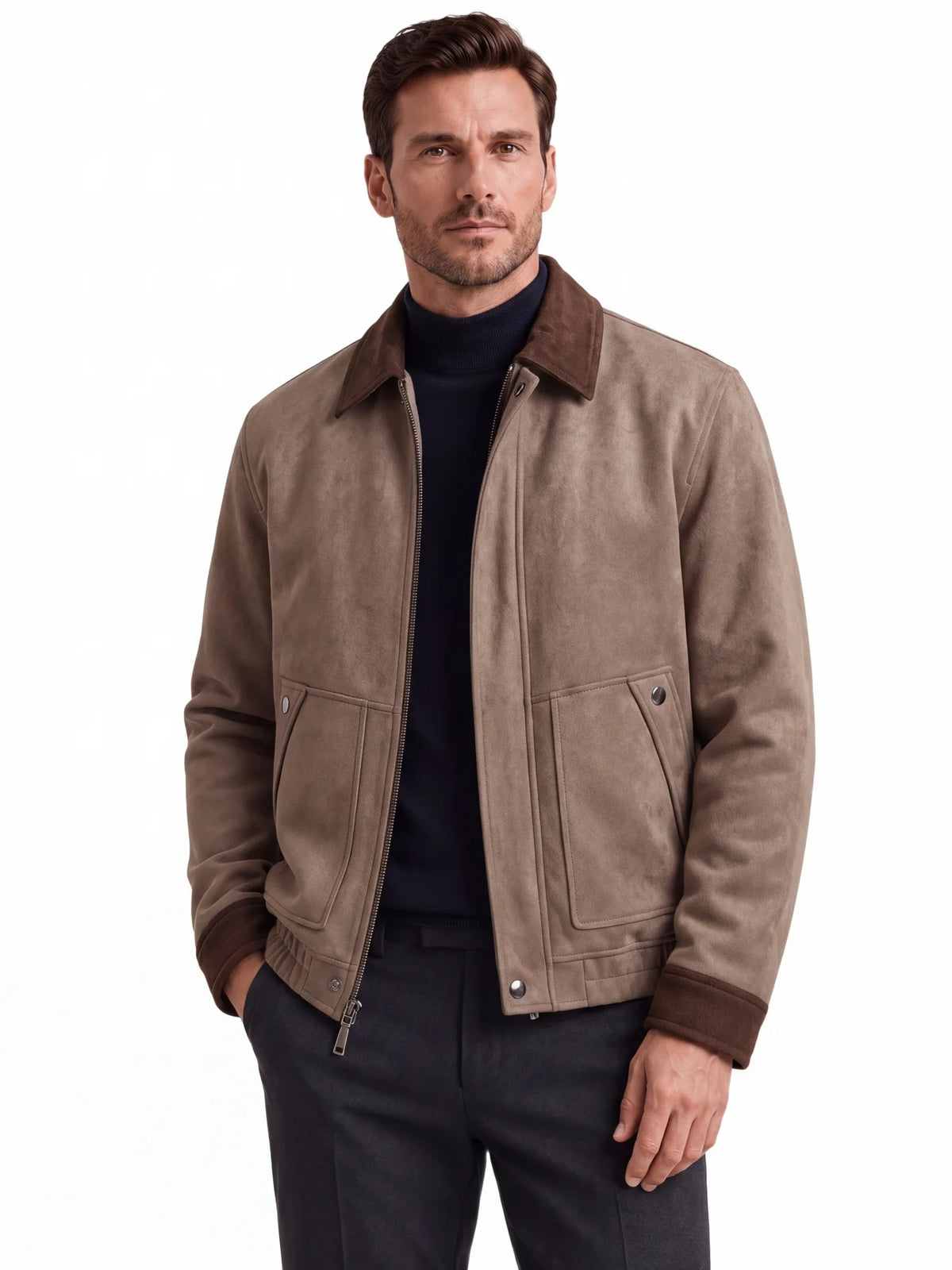 Faux Suede Zip-Up Lapel Jacket