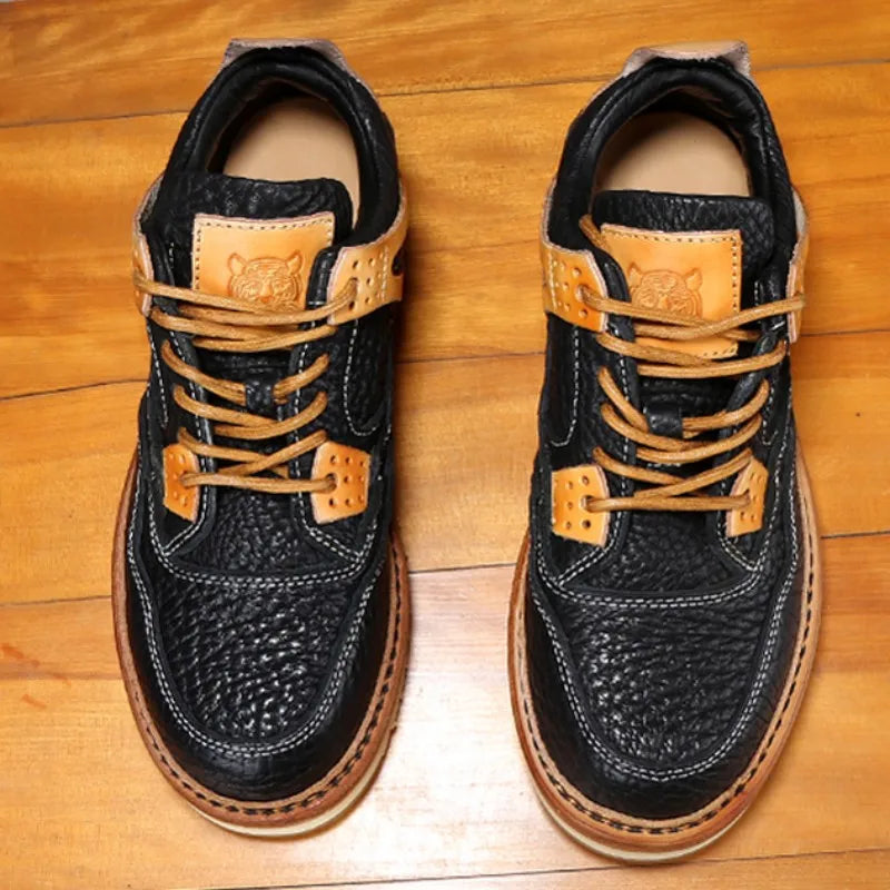 Black Leather Platform Lace-Up Sneakers