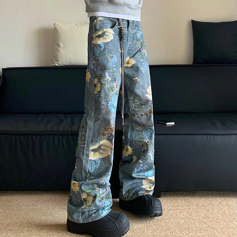 Full Print Floral Loose Denim Jeans