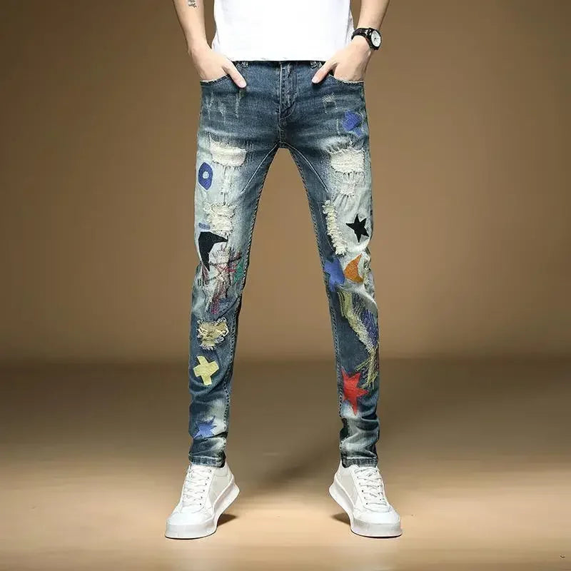 Fashion Embroidery Patchwork Washed Jeans