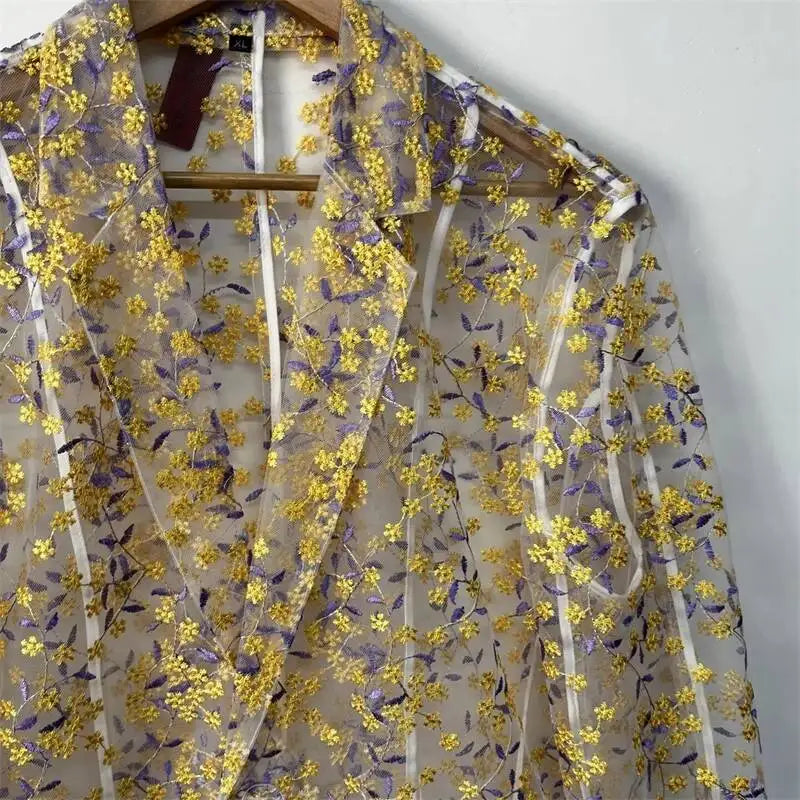 Yellow Purple Floral Embroidered Sheer Blazer