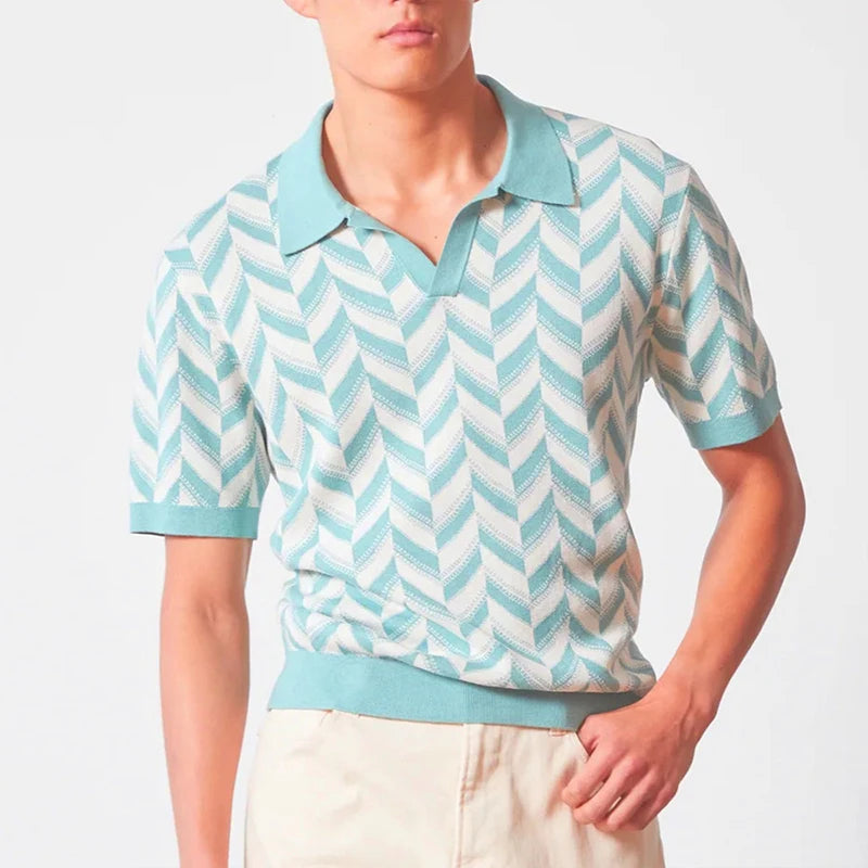 Sky Blue Geometric Polyester Polo Shirt