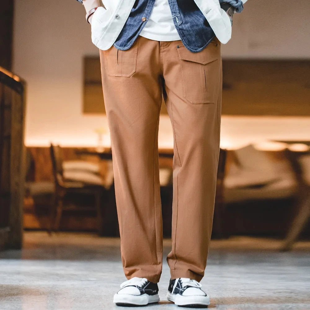 Solid Brown Cotton Straight Trousers