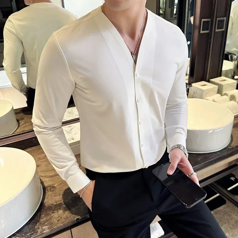 V-Neck Long Sleeve Solid Shirt