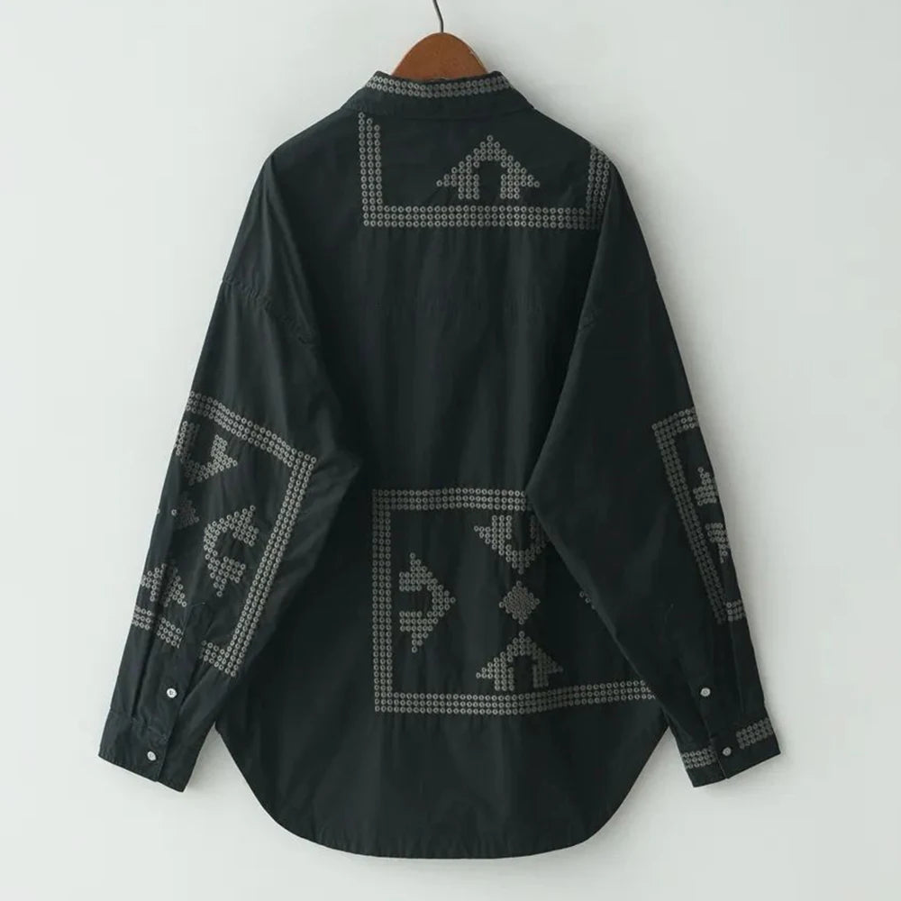 Black Geometric Embroidery Casual Shirt