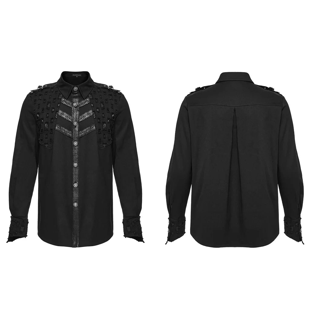 Skull Button Ripped Patchwork Shirt