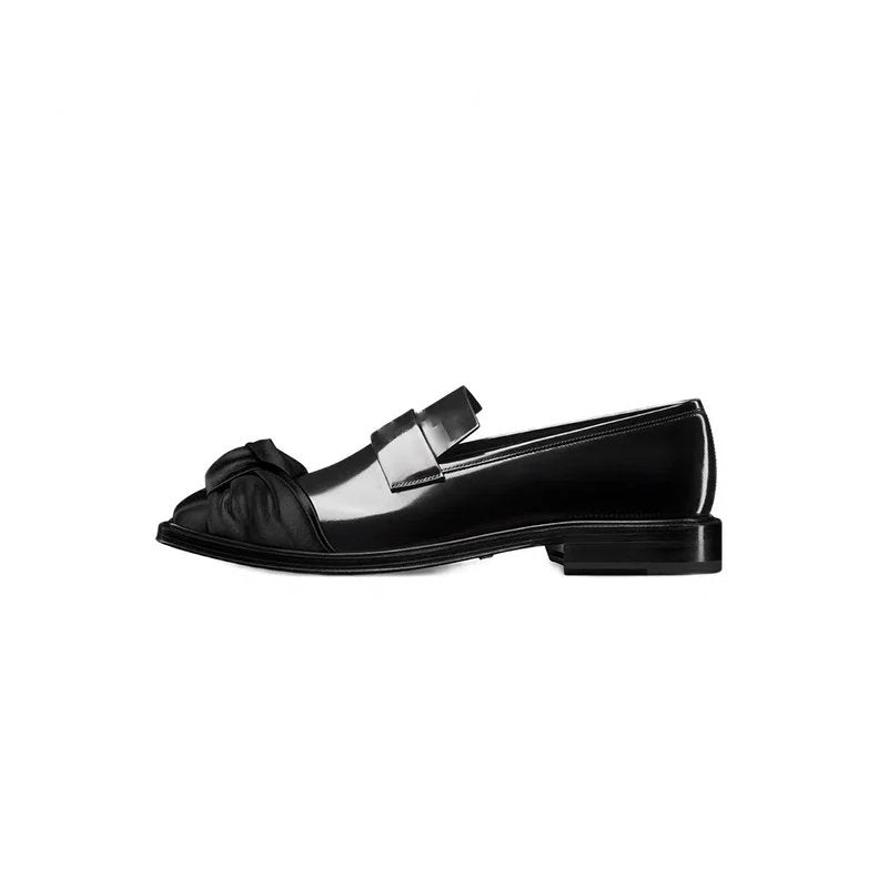 Black Fashionable Satin Bow Leather Loafers