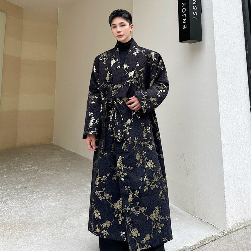 Belt Floral Printing Casual Coat