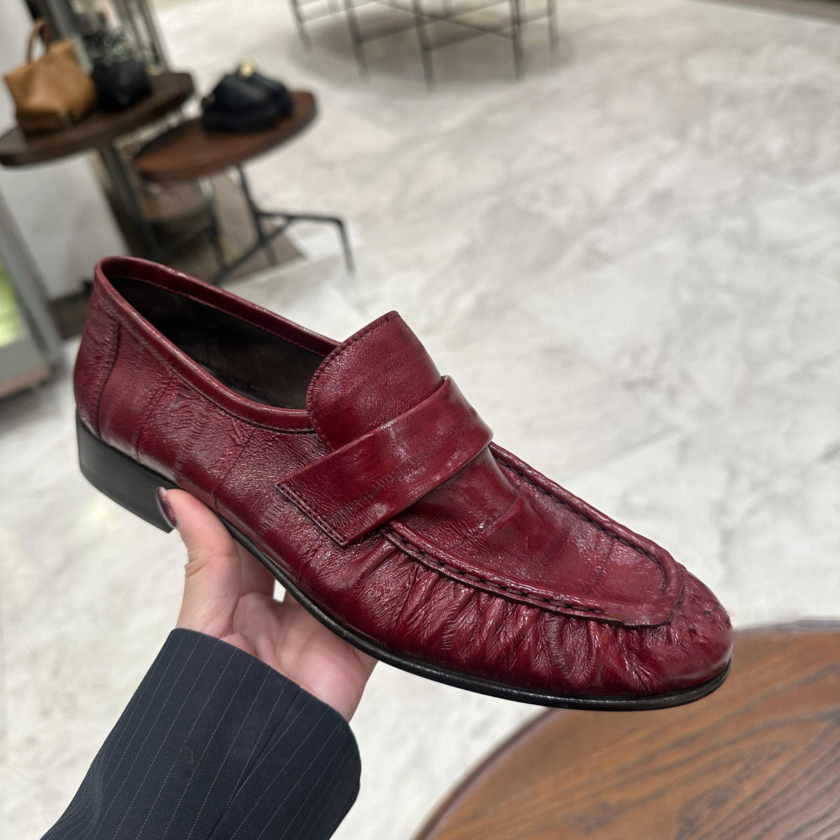 Burgundy Red Ruched Leather Loafers