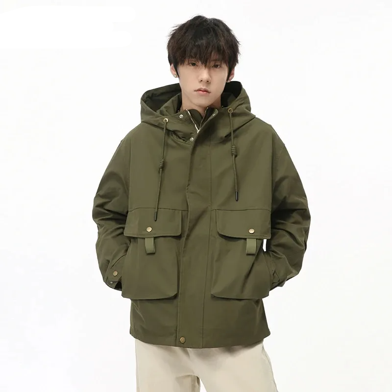 Solid Big Pockets Drawstring Hooded Jacket