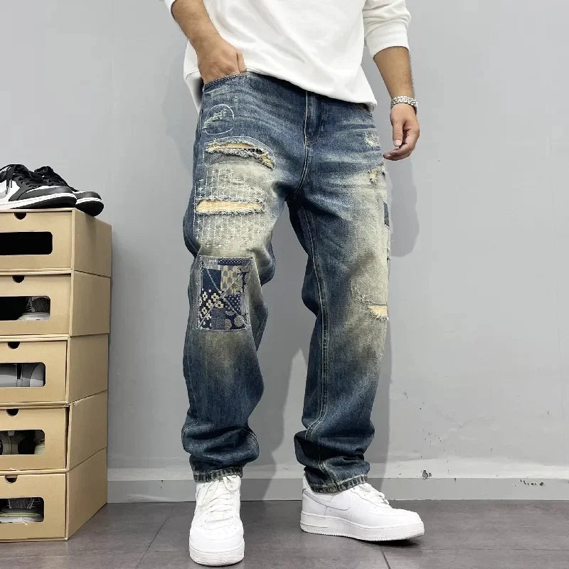 Vintage Distressed Patchwork Ripped Jeans