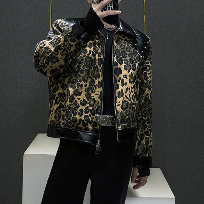 Leopard Rhinestone Spliced Leather Jacket