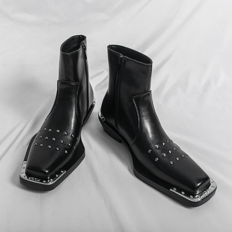 Patchwork Rivet PU Square Tip Boots