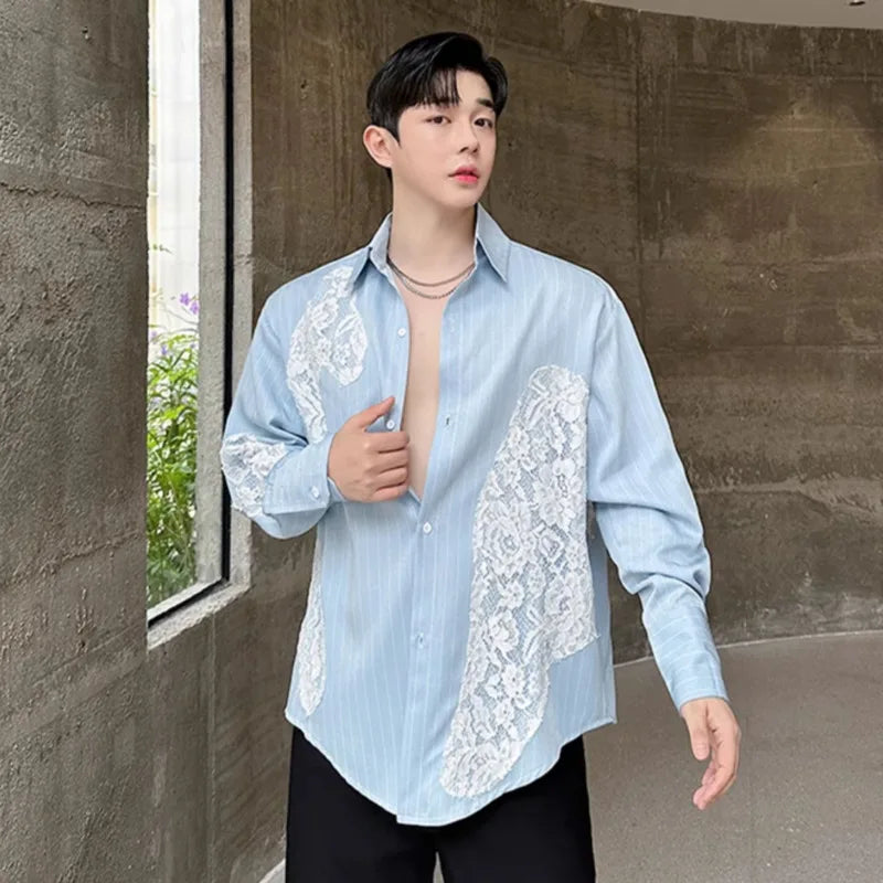 Lace Patchwork Blue Color Men's Shirt