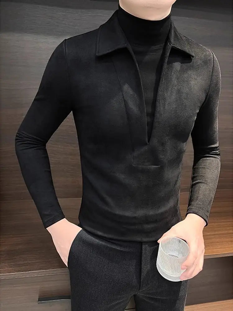 Solid V-neck Fake Two-piece Polo Shirt