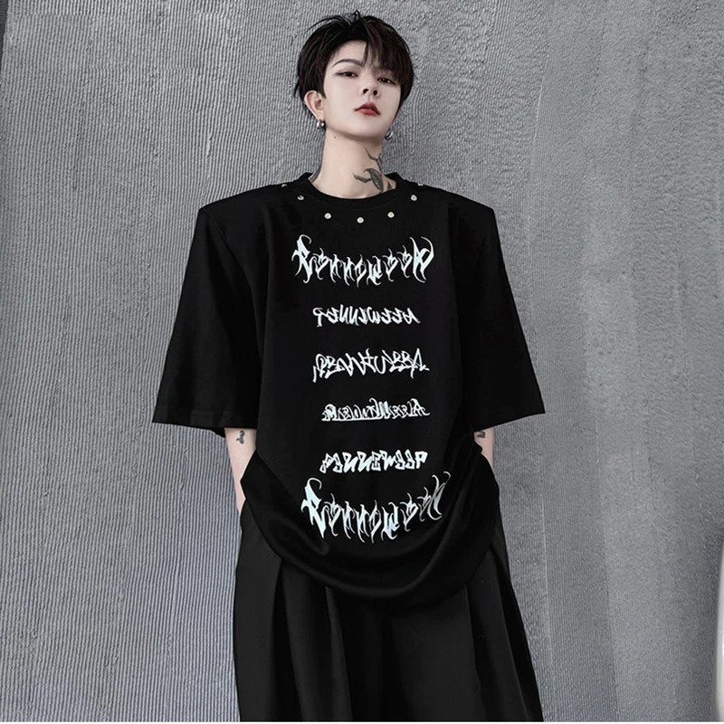 Letter Printed Rivet Metal Decorate T-Shirt