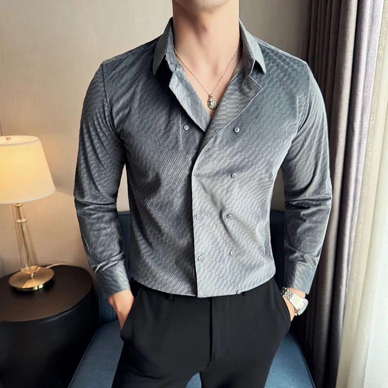 Solid Double Breasted Velvet Casual Shirt