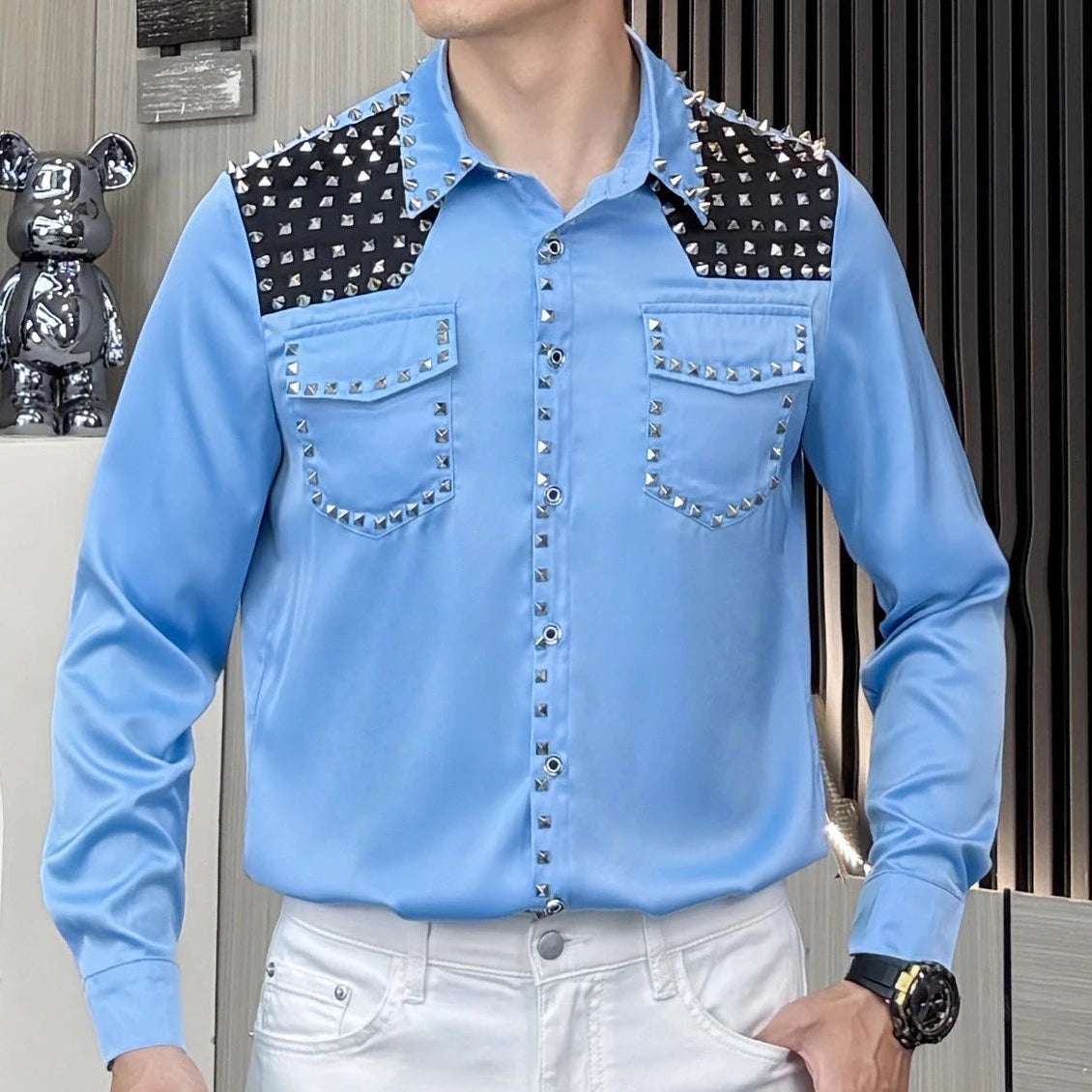 Men‘s Punk Rivets Long-Sleeved Shirt