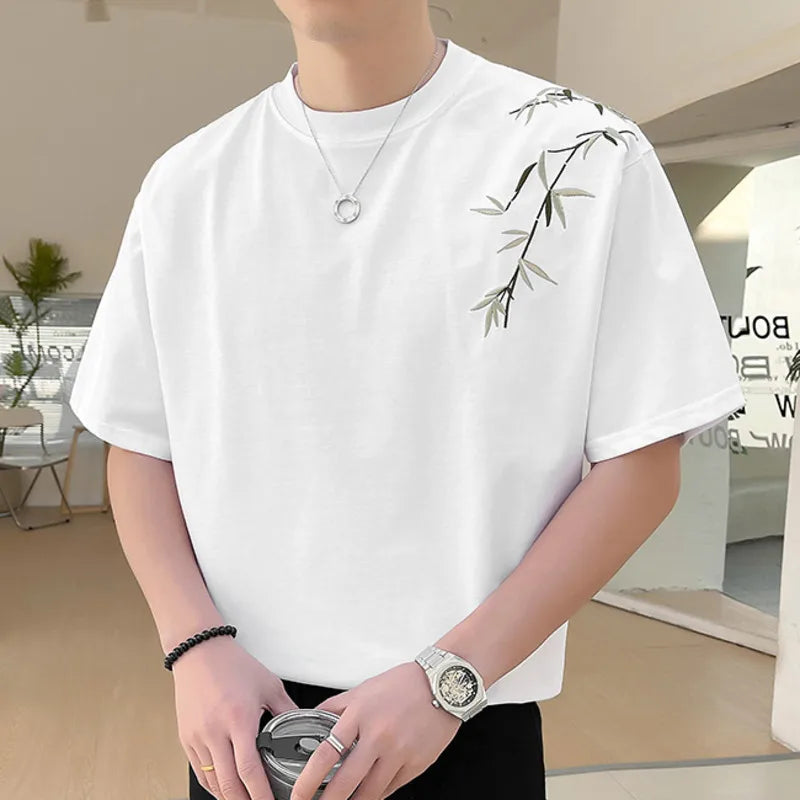 Shoulder Leaves Printed Short Sleeve T-Shirt