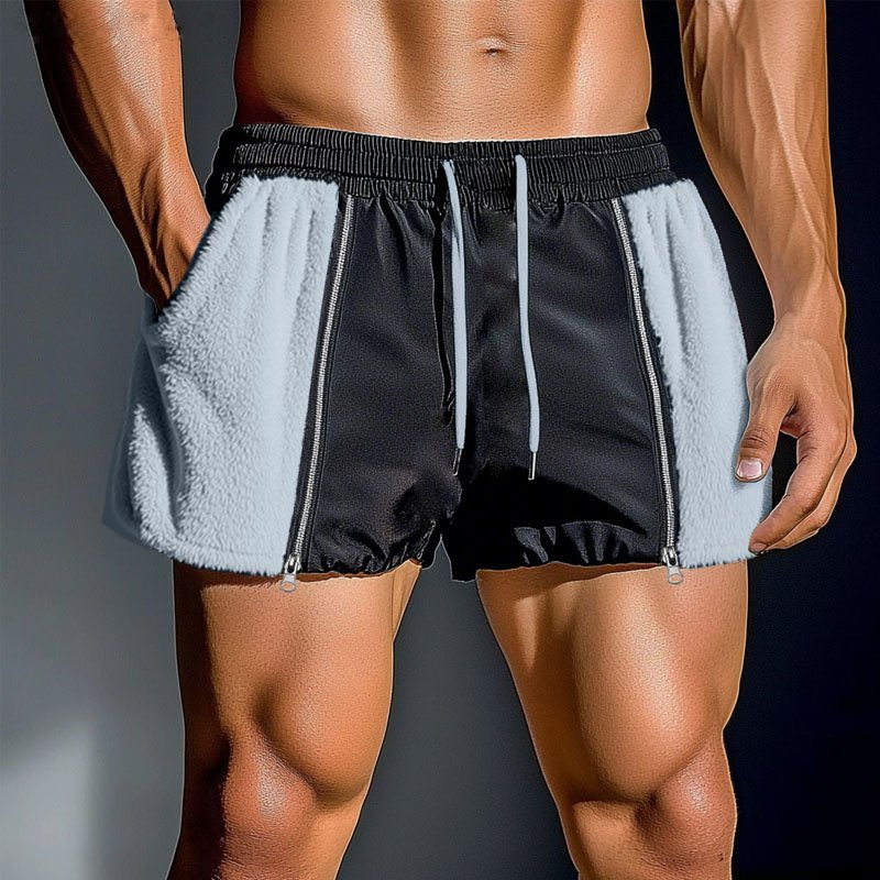 Fleece Plush Patchwork Drawstring Shorts