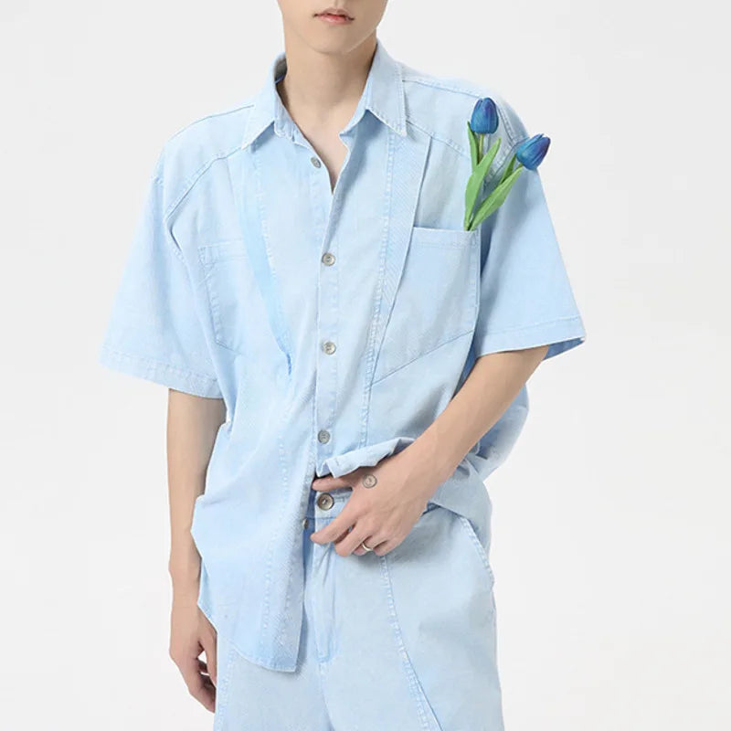 Sky Blue Loose Lapel Collar Shorts Set