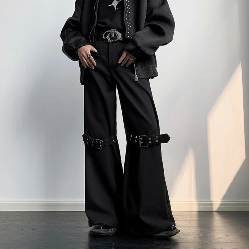 Black Color Belt Decor Wide-Leg Pants