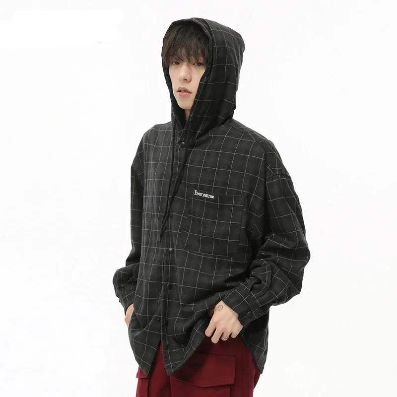 Plaid Drawstring Hooded Loose Shirt