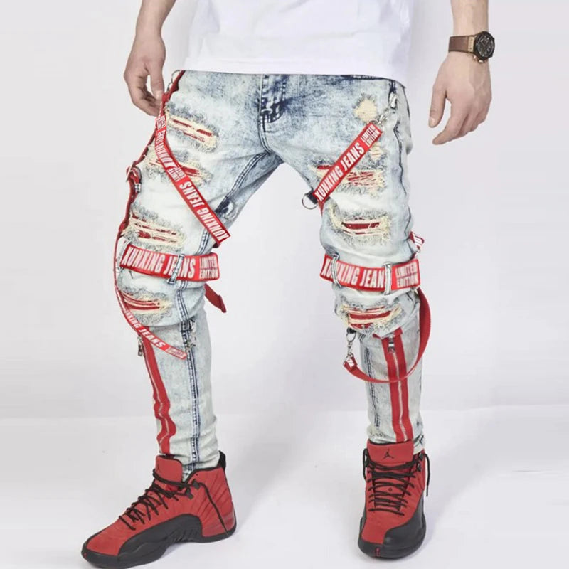 Letter Stripe Ripped Design Jeans