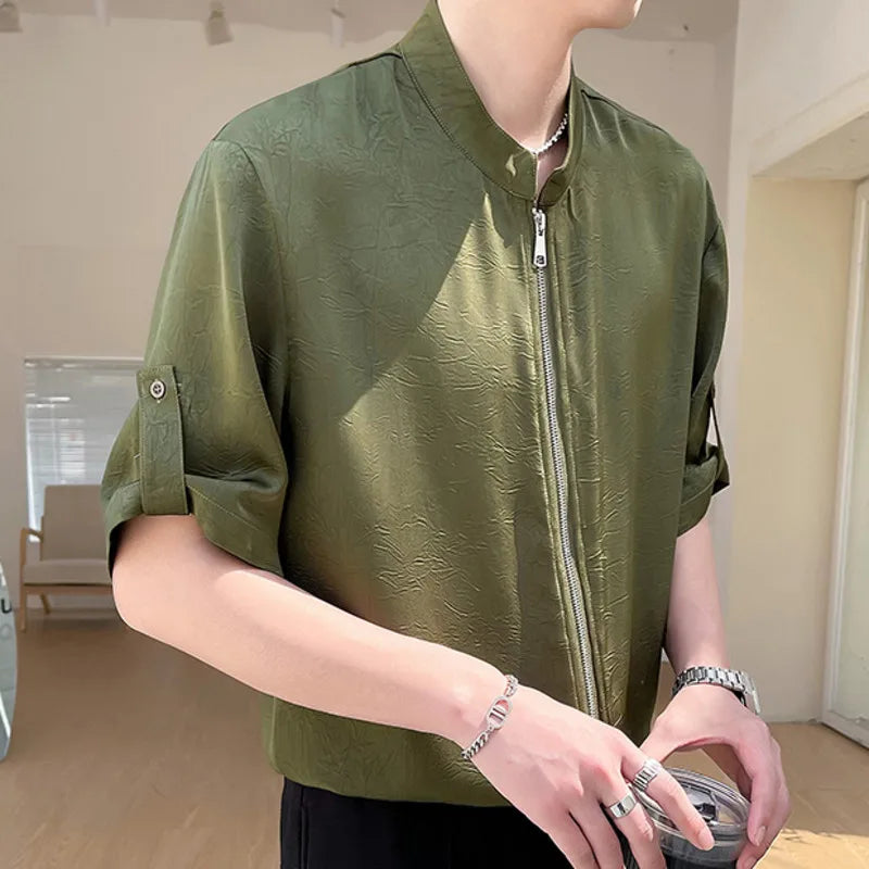 Solid Jacquard Zipper Button Sleeve Shirt