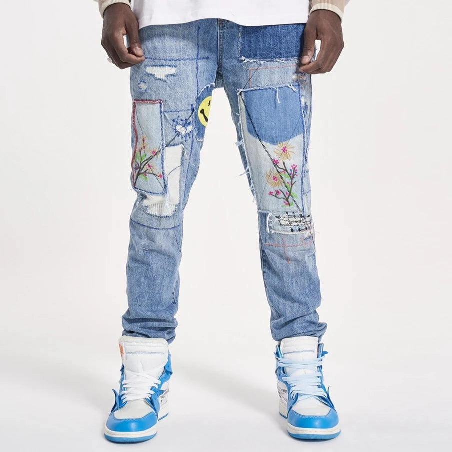 Streetwear Embroidery Patchwork Ripped Jeans