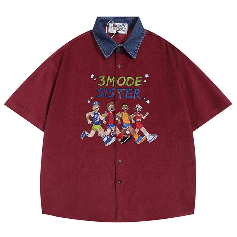 Cartoon Embroidery Short Sleeve Plaid Shirt