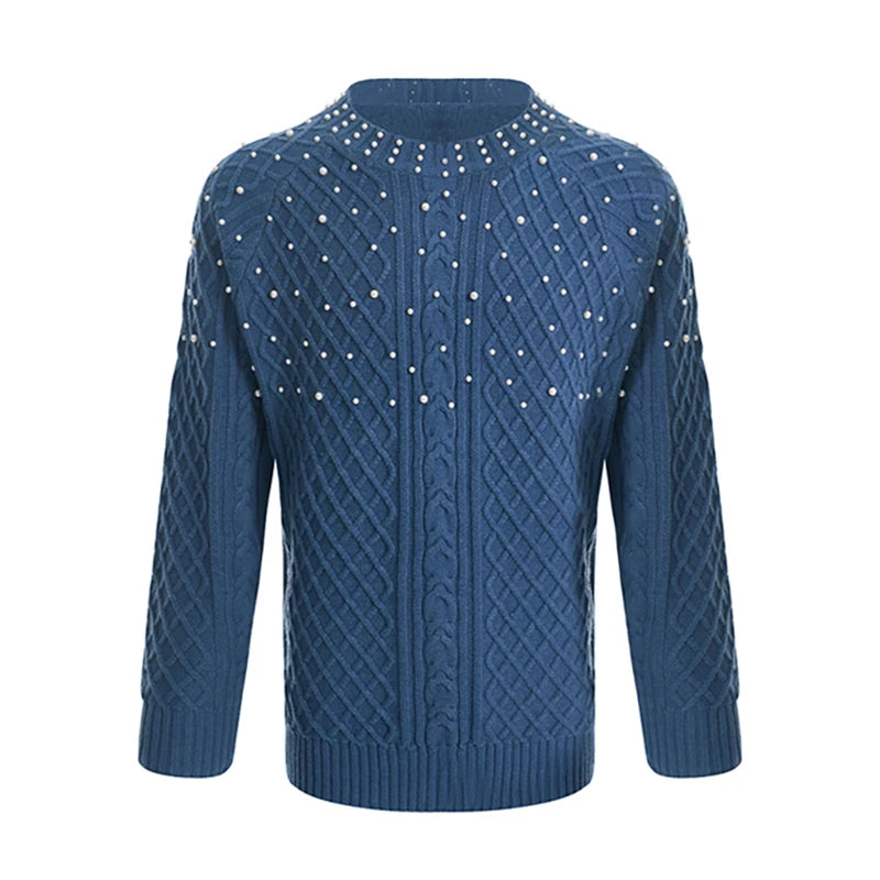 Solid Pearl Round Neck Knitted Sweater