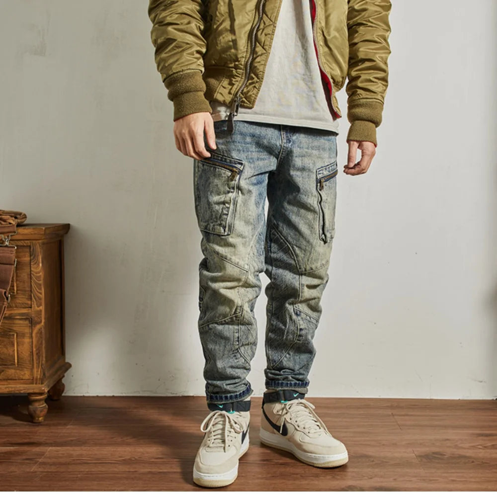 Zip Pockets Panel Stitching Denim Jeans