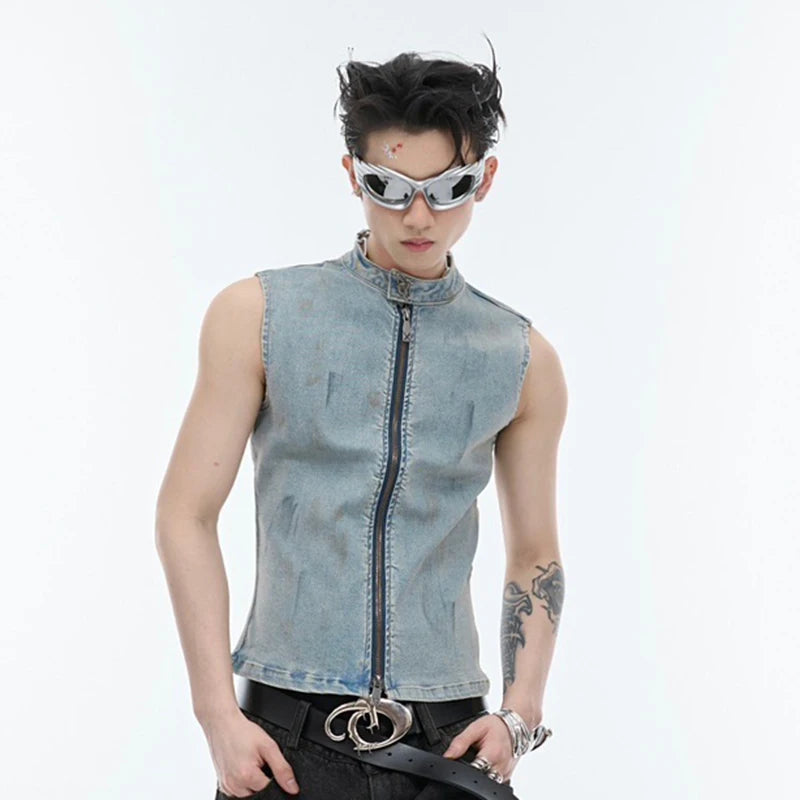 Zipper Stand Collar Casual Denim Vest