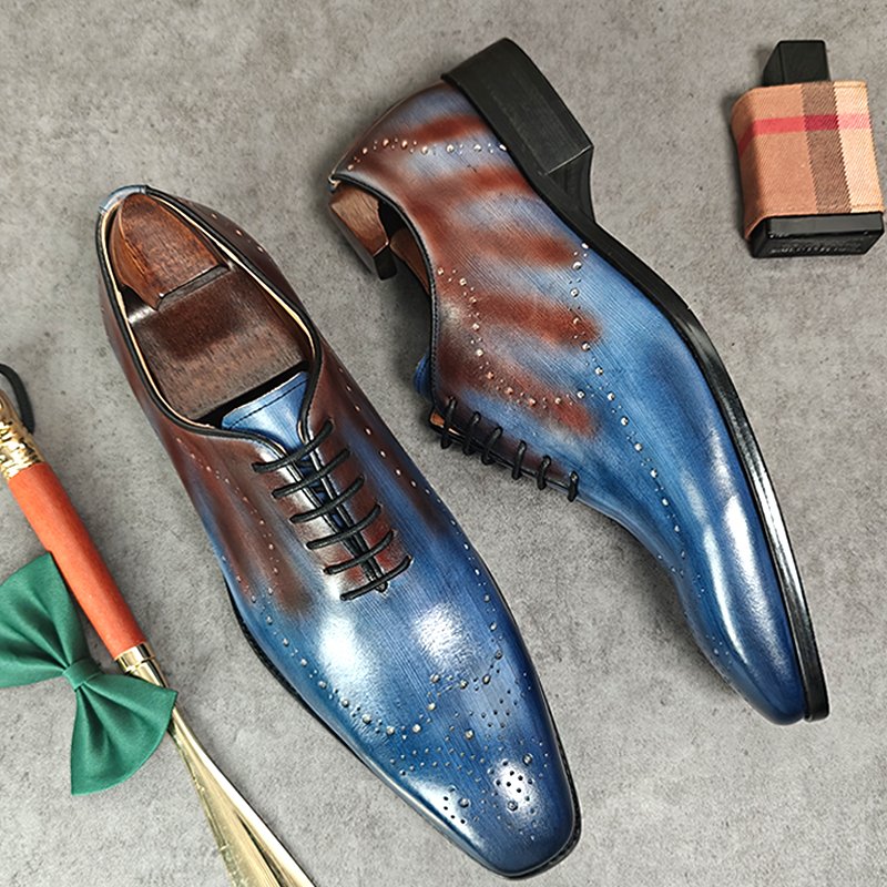 Blue Red Pointed Toe Leather Loafers